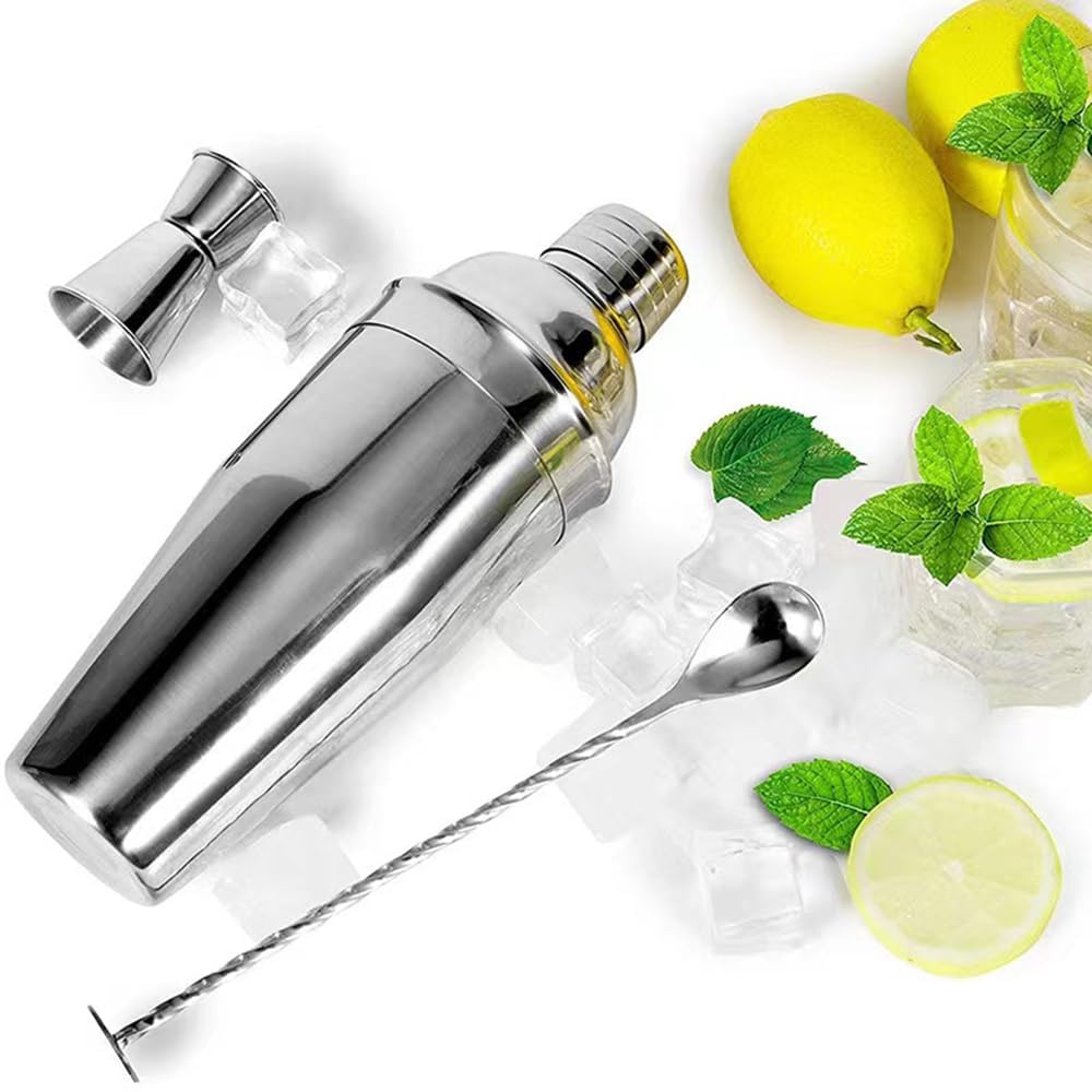 Set Shaker Cocktail 3 Pièces Inox 750ml - Avec Doseur 15/30ml Et Cuillère, Pour Bar Maison