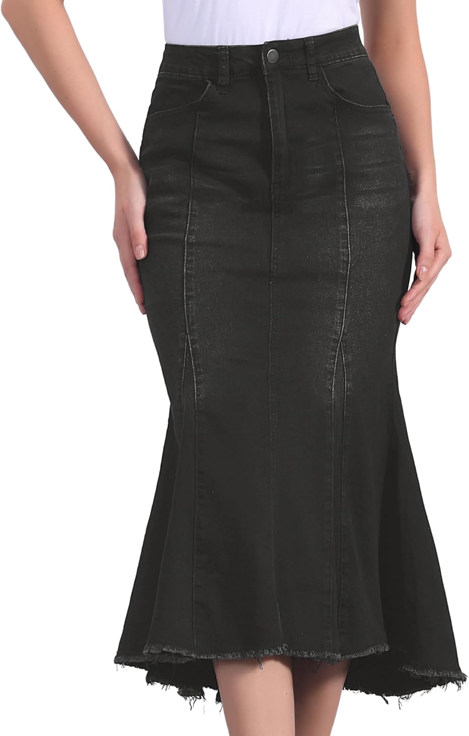 Allegra K Women's Washed Fishtail Denim Skirt High Waist Raw Hem Fashion Casual Midi Jean Skirts with Pockets