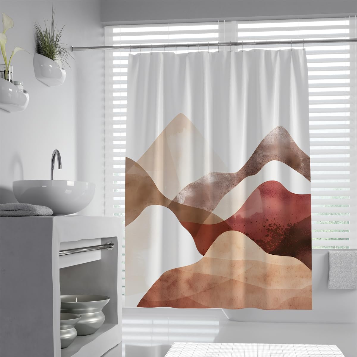 UIRINGART Watercolor Shower Curtains W180xL200cm Abstract Mountain Peak Hills Fluid Wave Terracotta Brown Painting Pattern Easy To Clean Fabric Bathroom Bathtub Curtain