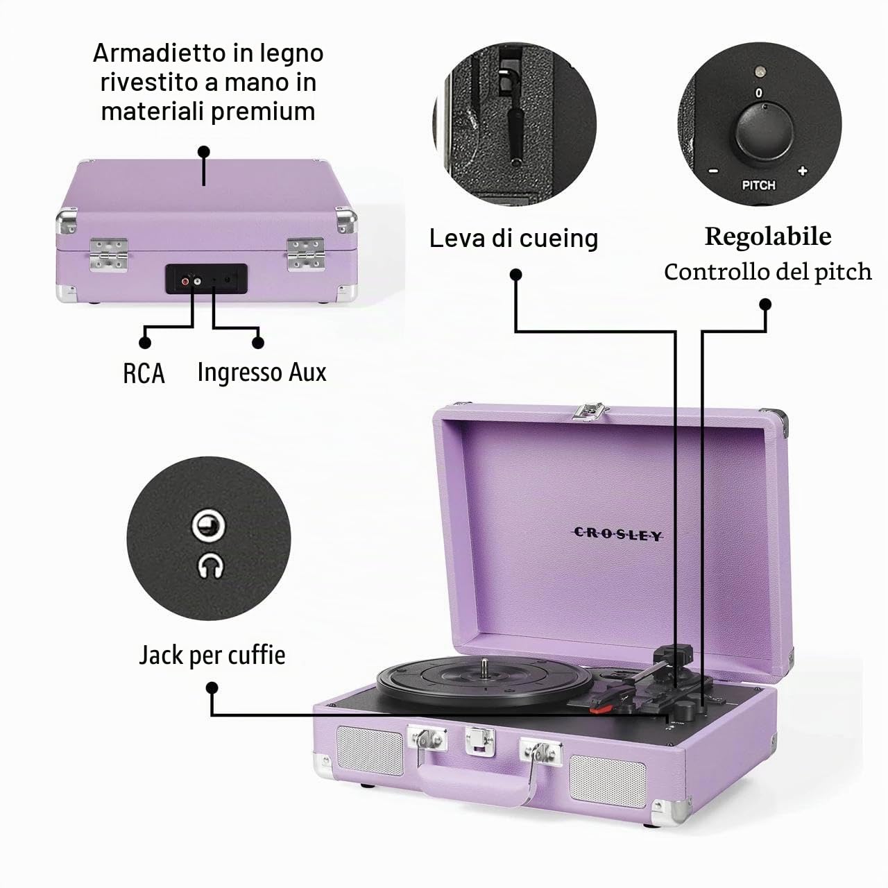 Crosley Cruiser Plus - Giradischi portatile Bluetooth, lettore vinile a 3 velocità, giradischi per la casa per dischi in vinile, altoparlanti stereo integrati e ricevitore Bluetooth, ingresso AUX