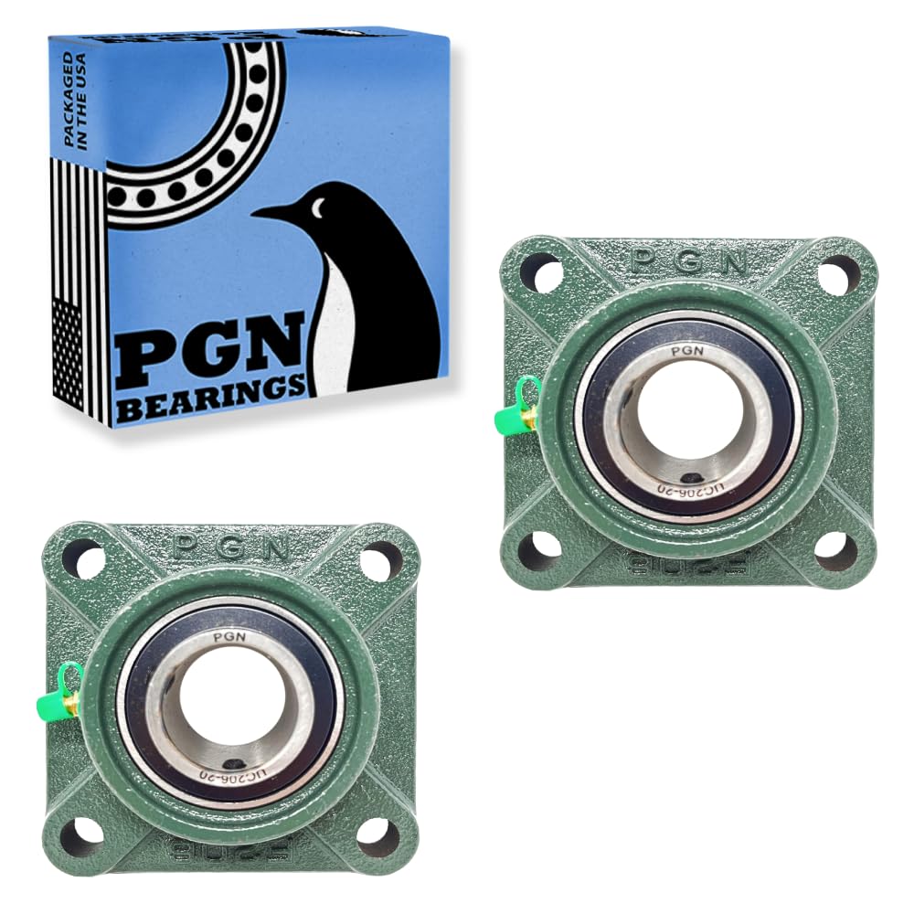 PGN UCF206-20 Pillow Block Bearing - Pack of 2 Square Flange Mounted Pillow Block Bearings - Chrome Steel Bearings with 1 1/4 Bore - Self Alignment