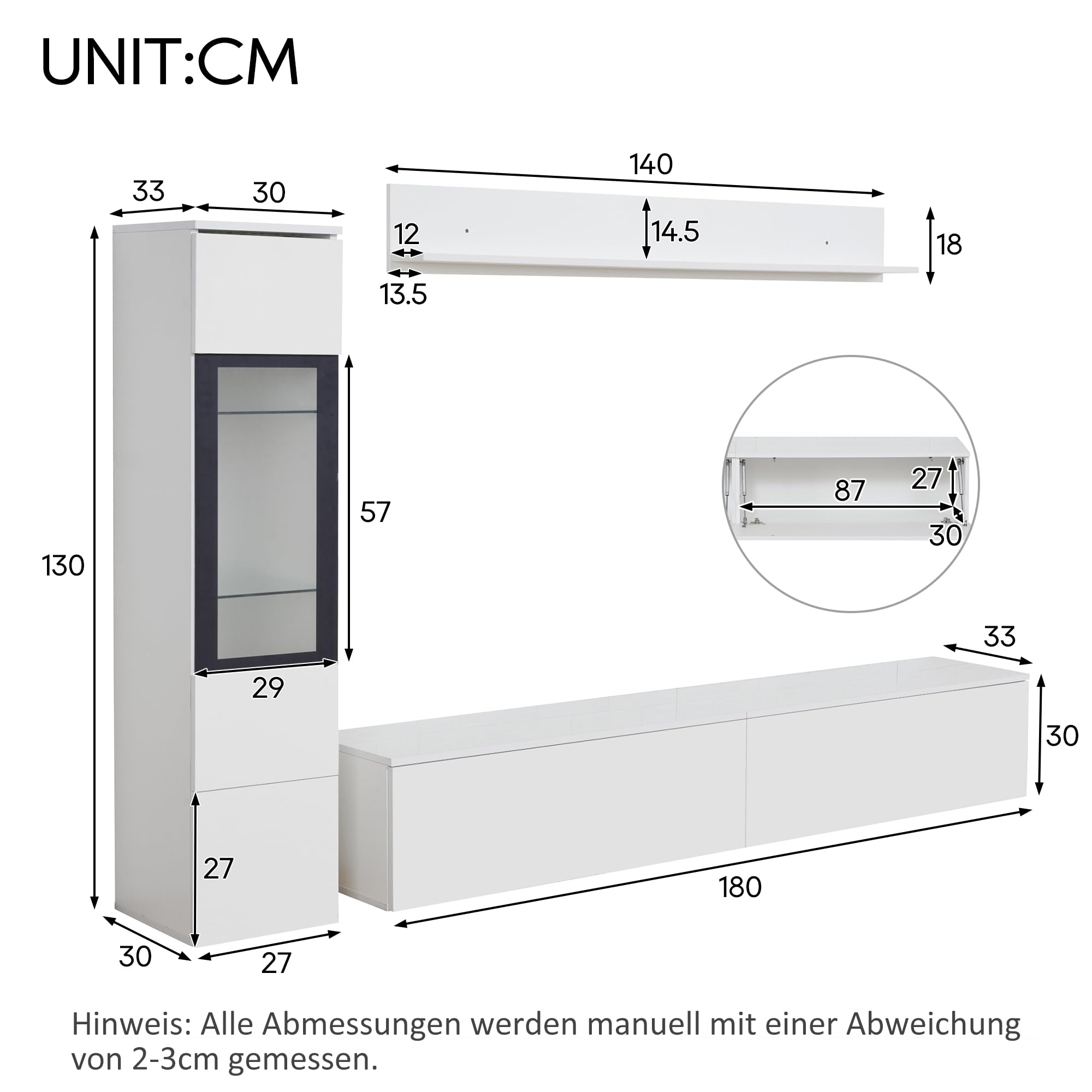 Kebnor TV Wohnwand Set 3-teilig LED Beleuchtung Hochglanz Wohnzimmer Möbel Set Frontale Wohnwand, TV Schrank + Wohnzimmer Vitrine + Hängeregal (Weiß)