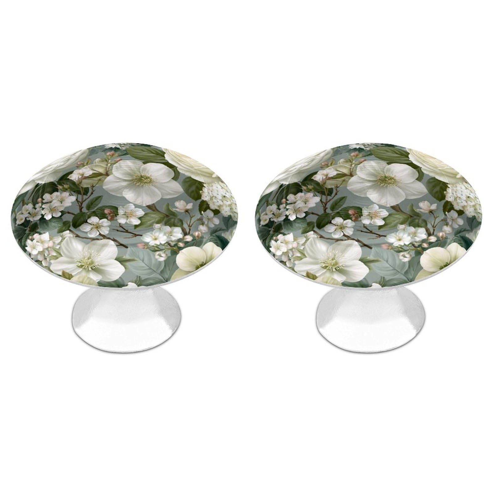 Jubonexis Luxury Botanical White Roses Hydrangeas Clusters Round Drawer Cabinet Knobs Handles with Screws,2 Pcs, Drawer Dresser Knob Pulls Decor for Wardrobe Cupboard Home Office Kitchen