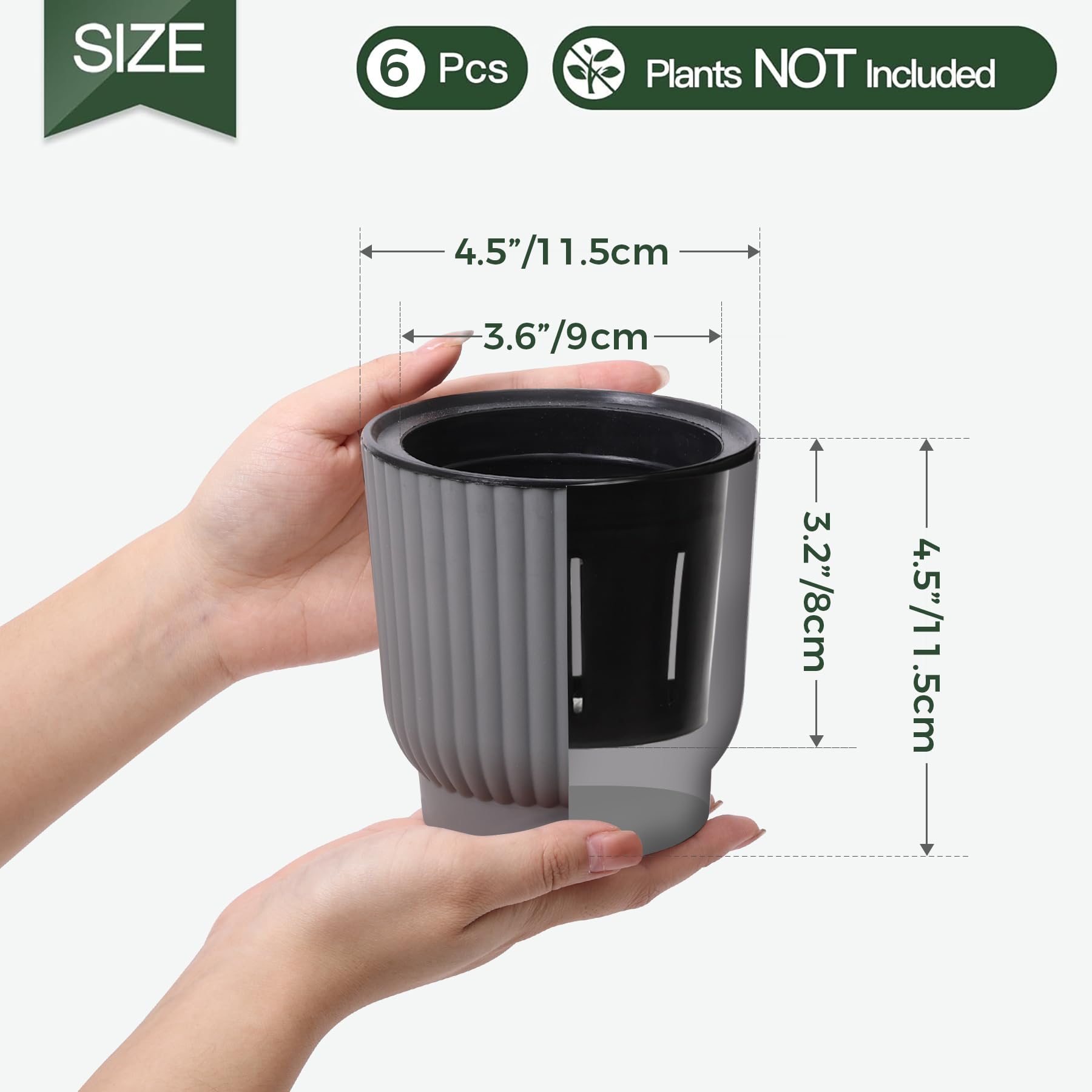 T4U 11.5cm Self Watering Plant Pots Indoor, 6 Pack Small Indoor Plant Pot, Grey Plastic Flower Pots - Image 2