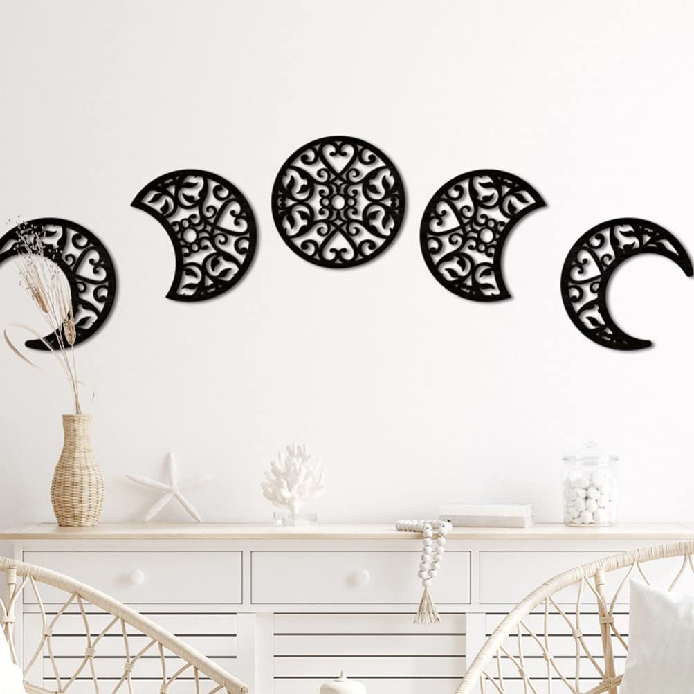HOMSFOU Moon Phase Wall Decor 7.87 Inch Wooden Moon Art Set 5 Pieces Celestial Bedroom Living Room Wall Decoration - Image 2
