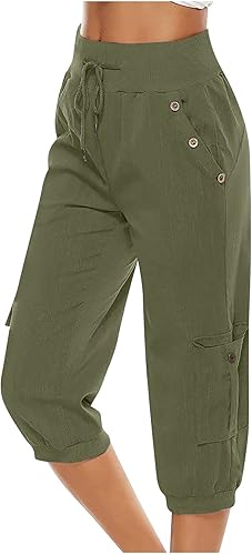 Uillui Pantalones capri de algodón y lino para mujer, ligeros, holgados, pantalones deportivos de carga con cintura elástica, pantalones deportivos