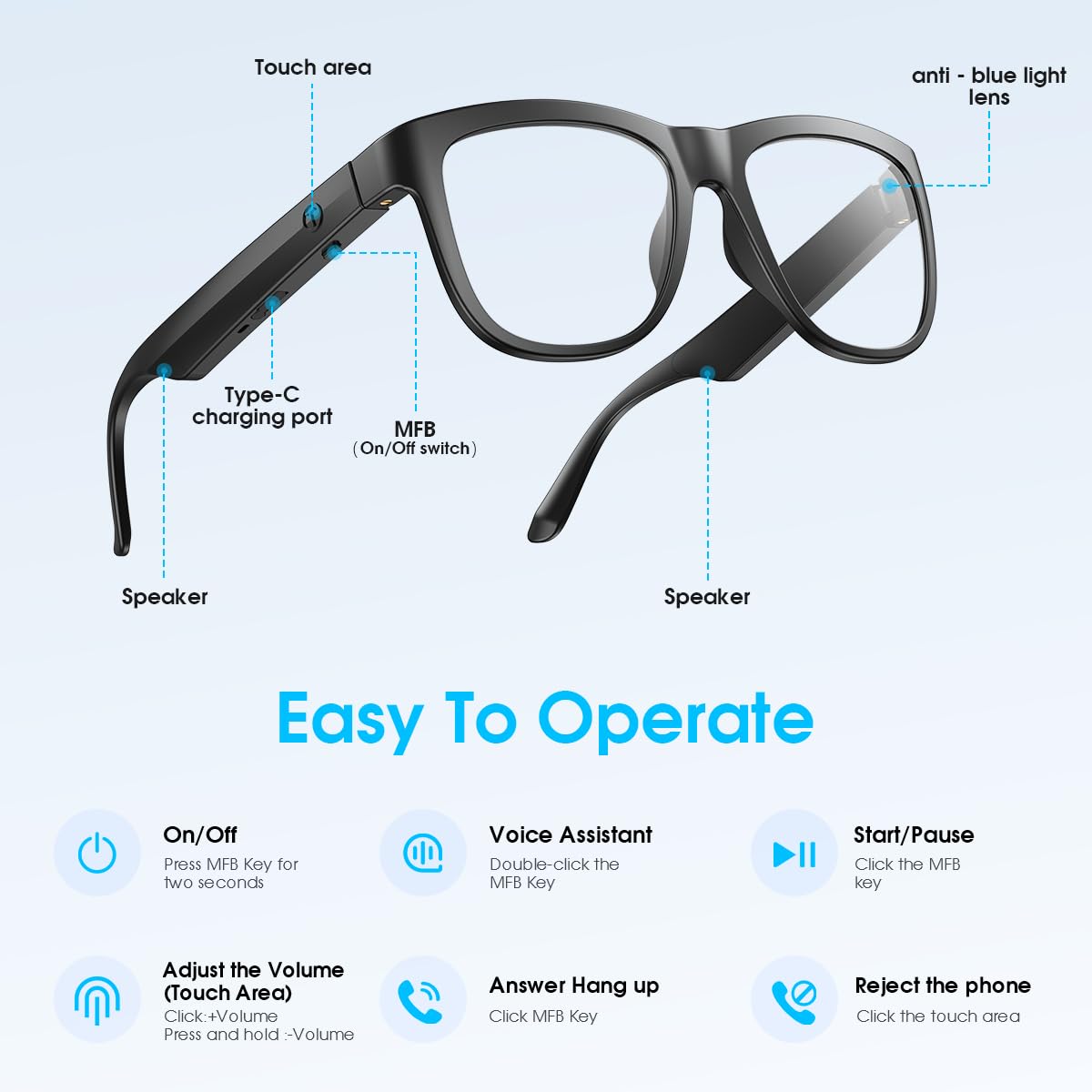 Occhiali intelligenti Bluetooth, occhiali con blocco della luce blu per uomini e donne, microfono e altoparlanti integrati, occhiali wireless intelligenti per ufficio/lavoro, filtro della luce blu