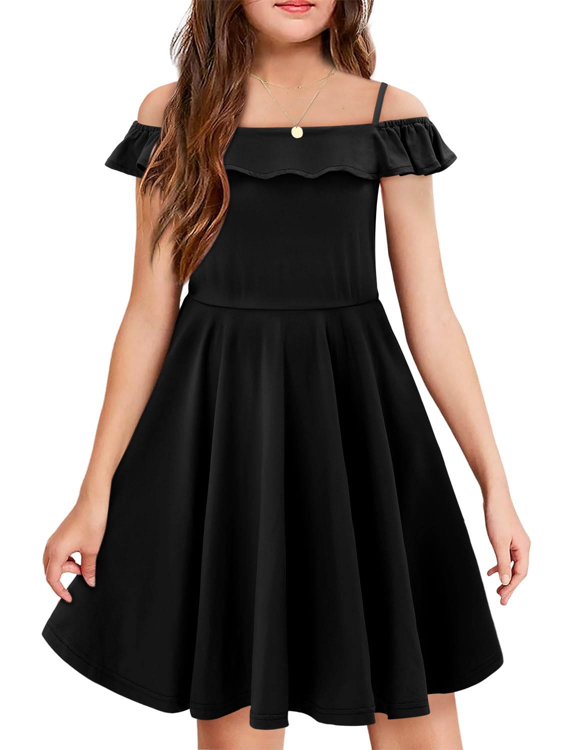 Yoklass Girls Dress Casual Round Neck A Line Ruffle Sleeve Knee Length Dresses 4-13 Years