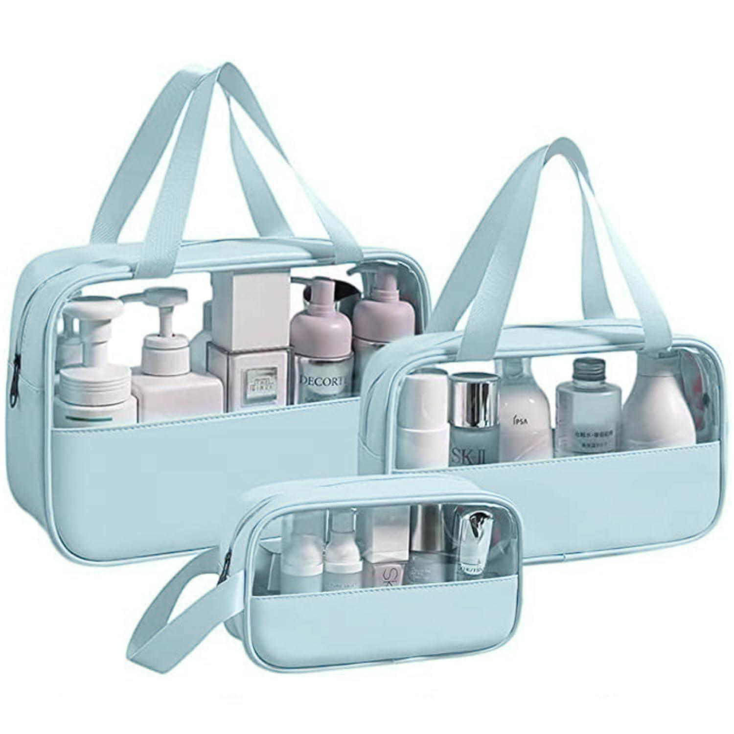 DGB MARTT Clear Travel Toiletry Bag Set of 3 | Transparent Washbag Cosmetic Makeup Organizer Pouch for Men and Women | Portable Storage for Shampoo Brushes Bathroom Travel Accessories (Blue)-picture-53