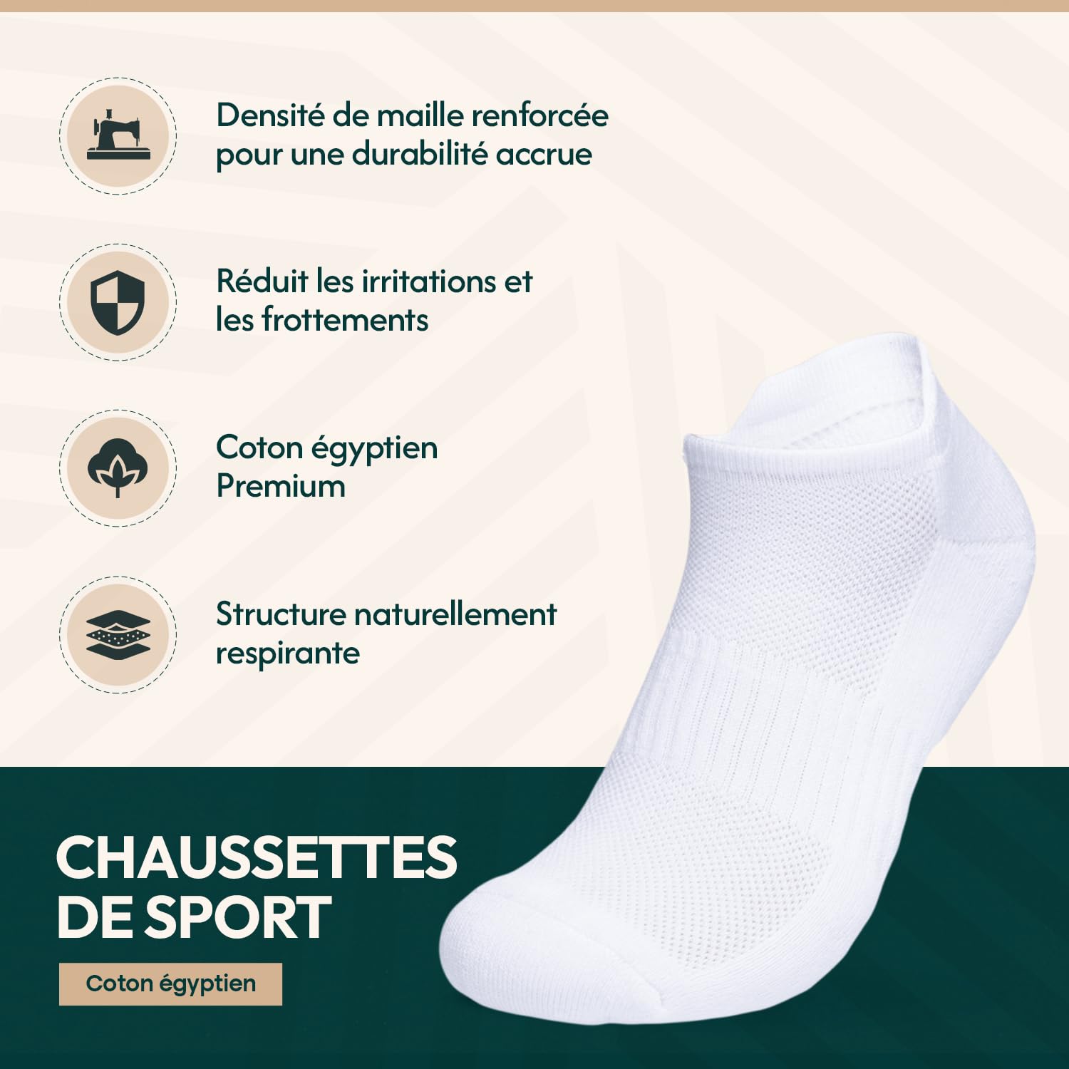 Chaussettes de sport basses en coton égyptien premium, rembourrées, Lot de 4, Socquettes running anti dérapantes, languette anti ampoule anti transpiration, Homme Femme, Blanche, 35-38 39-42 43-46