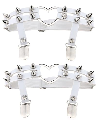 LINKY 2pcs Women Girl Sexy Leather Punk Rivet Stud Leg Garter Heart - White