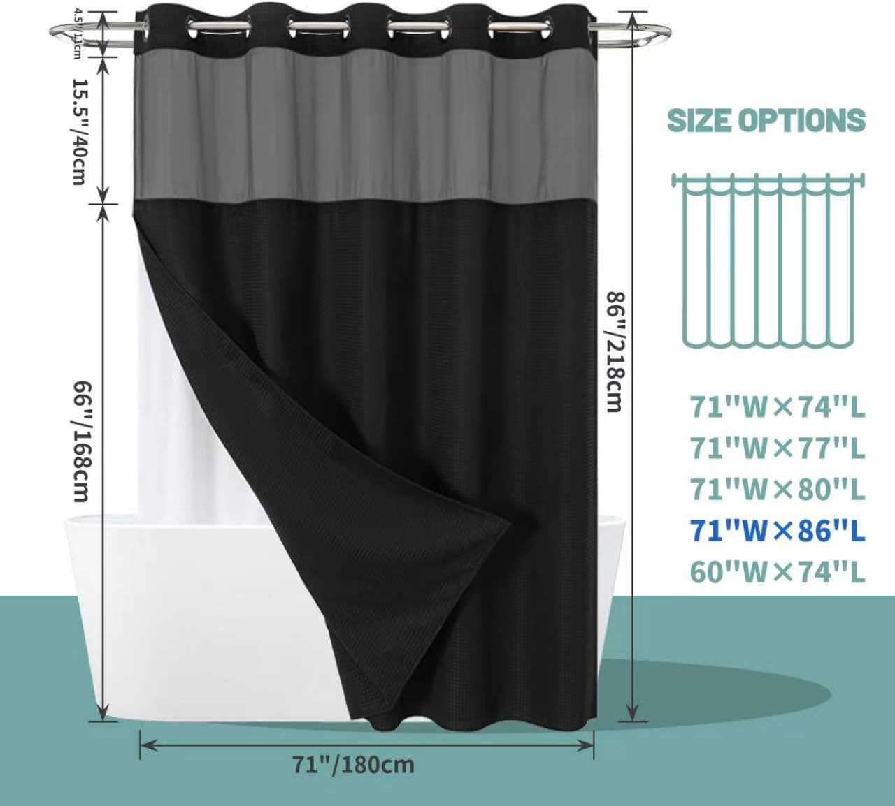 Black Extra Long No Hook Waffle Weave Shower Curtain with snap-in Liner Replacement, 230GSM Waterproof Fabric Hotel Shower Curtain Set for Bathroom, Through Mesh Top Window,71Wx86H