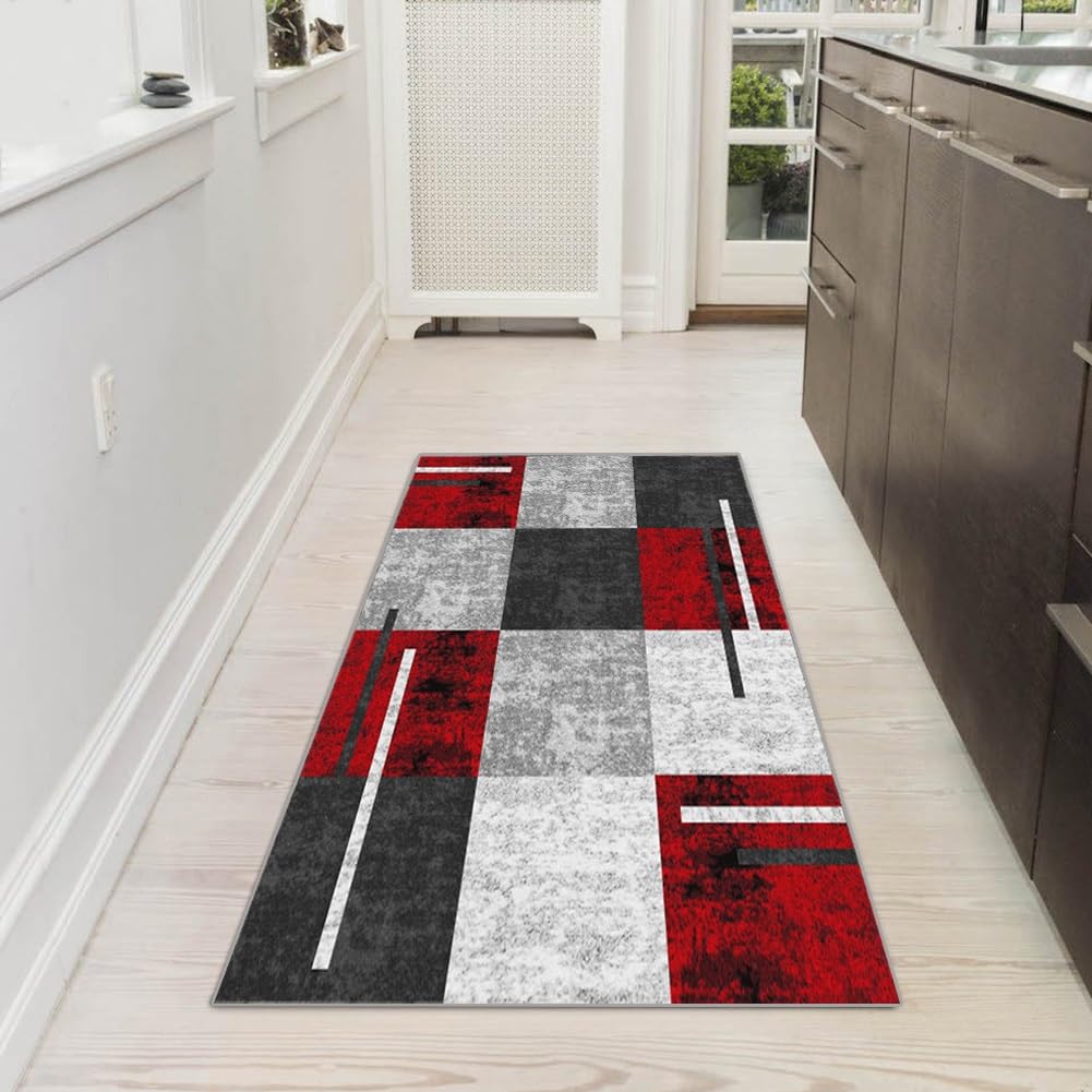 Geometrisch Teppich Läufer Flur Grau Rot Lang rutschfest Kücheläufer Waschbar Schlafzimmer Bunt Teppich Läufer 70x180cm Dauerhaft Läuferteppich Flurläufer Korridor Fußmatte Meterware