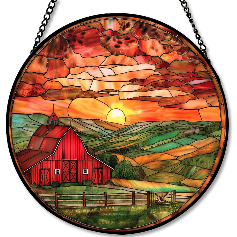 Stained Glass Window Hanging - 7.8in Barn Farmhouse at Sunset Sun Catchers Indoor Stained Glass Panels Wall Decor for Mom，Wife，Lovers，Festive