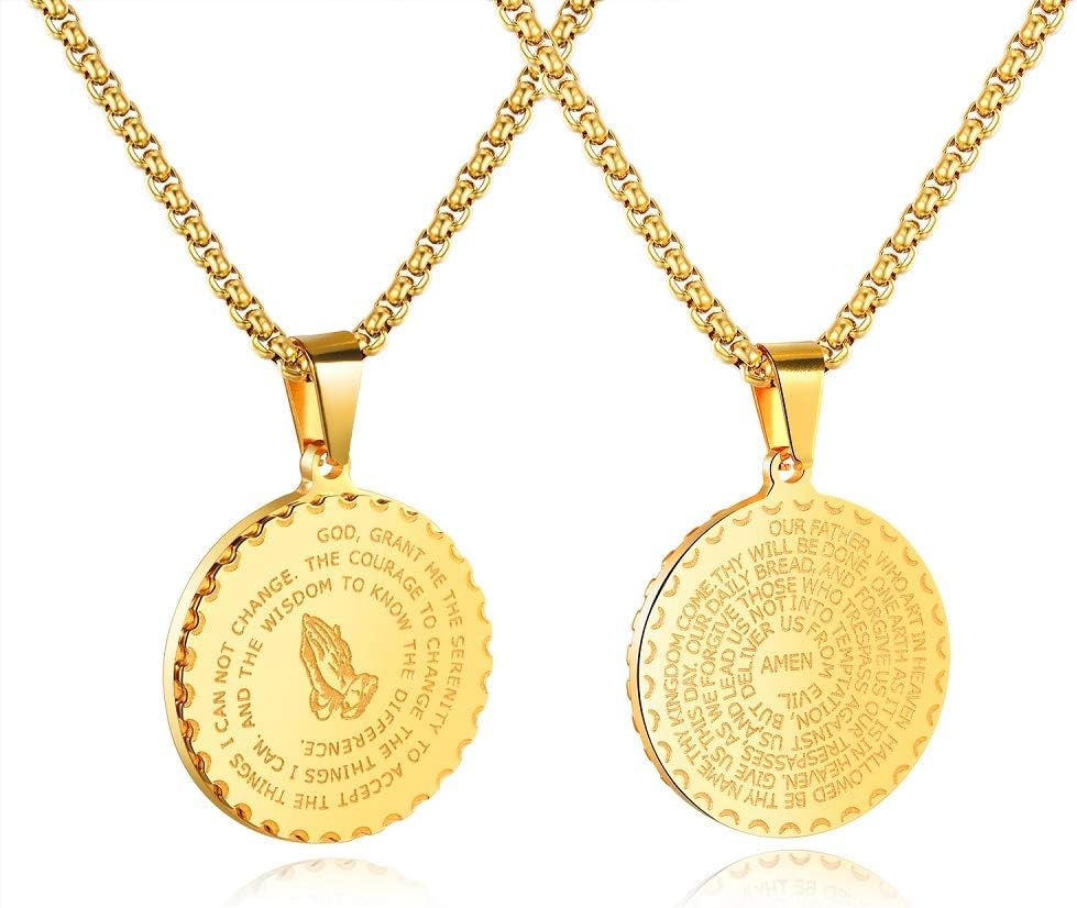Bible Verse Prayer Gold Necklace with 21.6" Chain Christian Jewelry Stainless Steel Praying Hands English Engraved Coin Medal Pendant