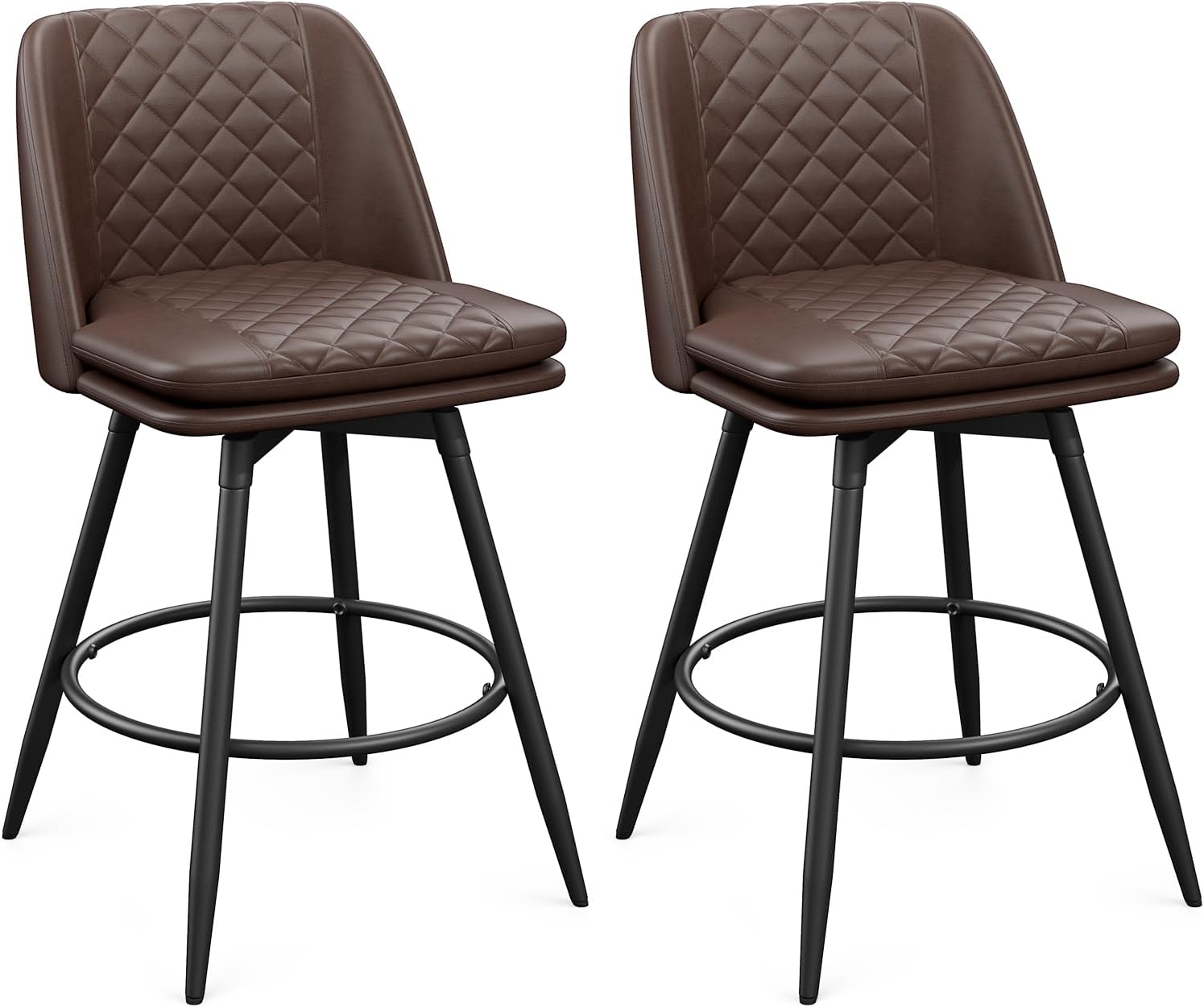 YaFiti Swivel Bar Stools Set of 2, 26" Counter Height Upholstered Faux Leather Barstools, Bar Chairs with Back and Footrest for Bar, Kitchen Island, Dining Room, Brown