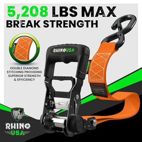 Rhino Usa Ratchet Straps Tie Down Kit, 5,208 Break Strength - Includes (4) Heavy Duty Rachet Tiedowns With Padded Handles & Coated Chromoly S Hooks + (4) Soft Loop Tie-Downs #TOP1