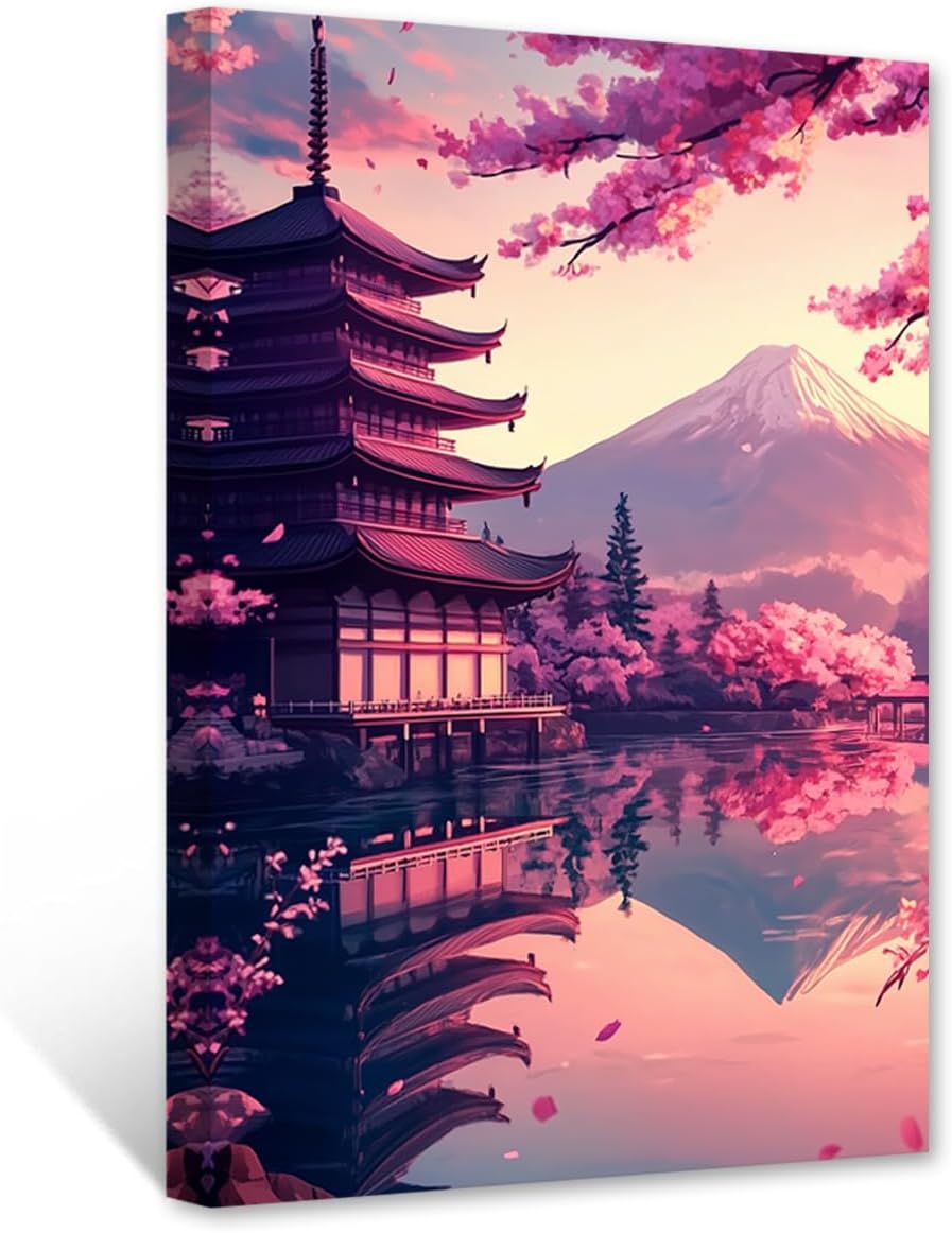PBXBJY Japanese Canvas Wall Art Japanese Landscape Poster Pink Cherry Blossoms Pictures Japan Themed Painting Print Living Room Office Decor Framed (12.00" x 18.00")