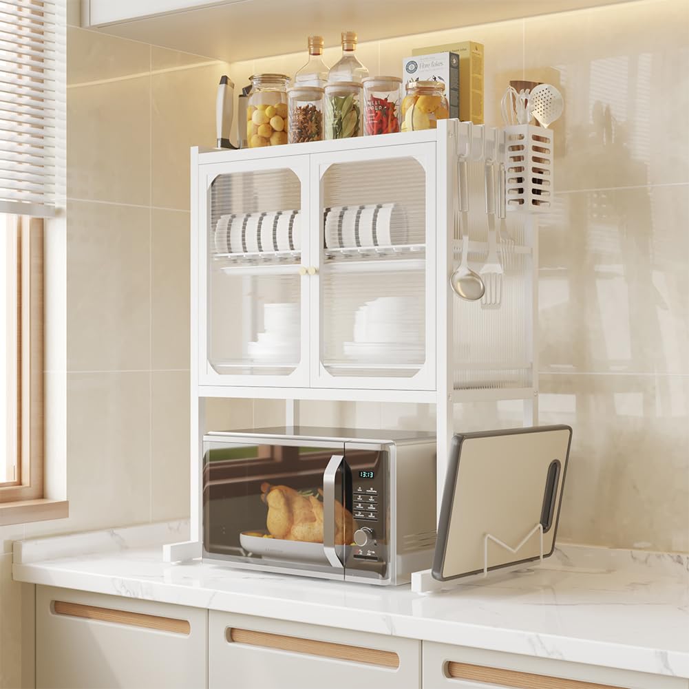 BAKAJI Scaffale Credenza Porta Microonde in Metallo Salvaspazio, Scaffalatura Portamicroonde con Vetrinetta Trasparente, Base Antiscivolo, 2 Ripiani Interni, 57 x 37 x 76 cm (Bianco)
