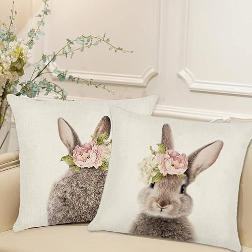 Juego de 2 fundas de almohada de conejo de Pascua de 18 x 18 pulgadas, de lino, lindos conejos, decoración floral de conejito de Pascua, funda de