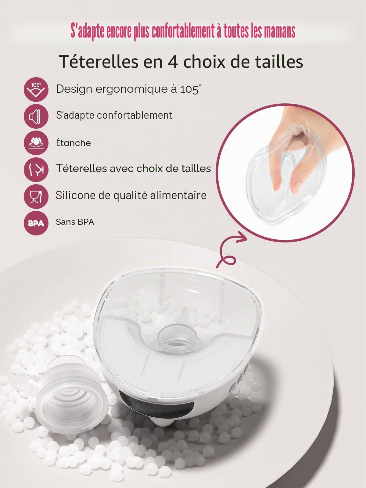Lulia Tire Lait Electrique Main Libre LU05, 4 Modes 9 Niveaux, 350mmHg Forte Aspiration, Komfortabler & Portable, Sans BPA, avec Bride de 17/19/21/24 mm (1 Paquet-Blanc)