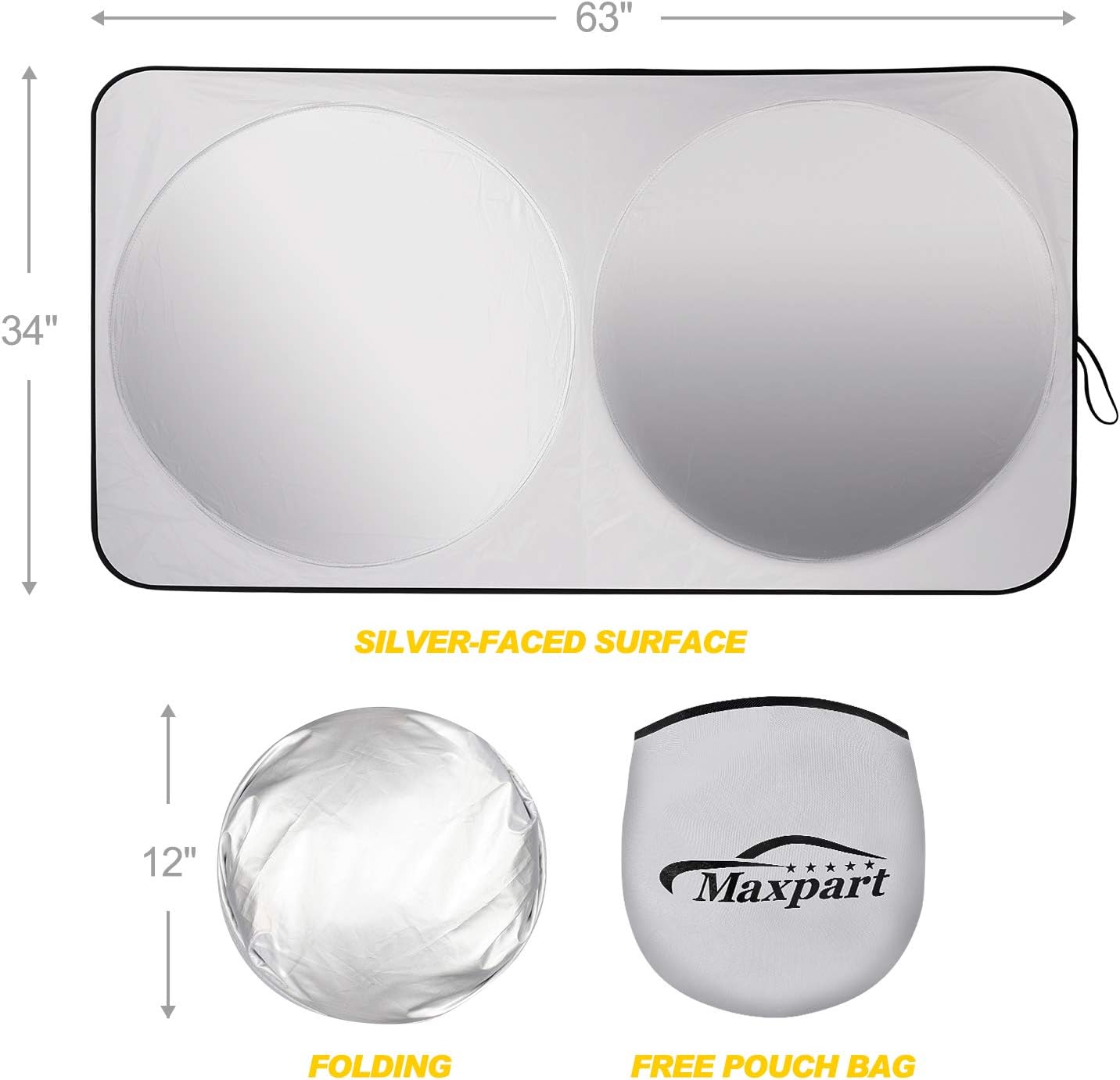 Car Windshield Shades for Front Window,Sun Shade for Car Windshield Foldable,Sun Reflector for Cars,Sun Protector block UV rays,Keep Your Vehicle Cool And Damage Free, 210T Reflective Fabric,63''x34''