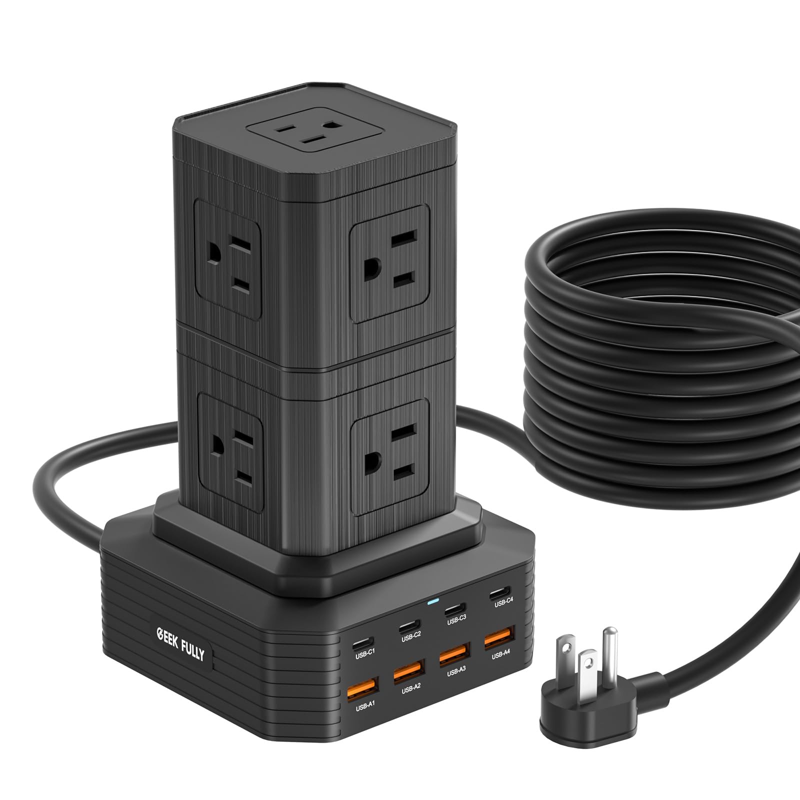 Estación de carga (100 W), regleta de alimentación USB C 17 en 1 con protección contra sobretensiones, cable de extensión de 6.5 pies, 4 puertos USB C y 4 puertos USB A, 9 salidas de CA para oficina