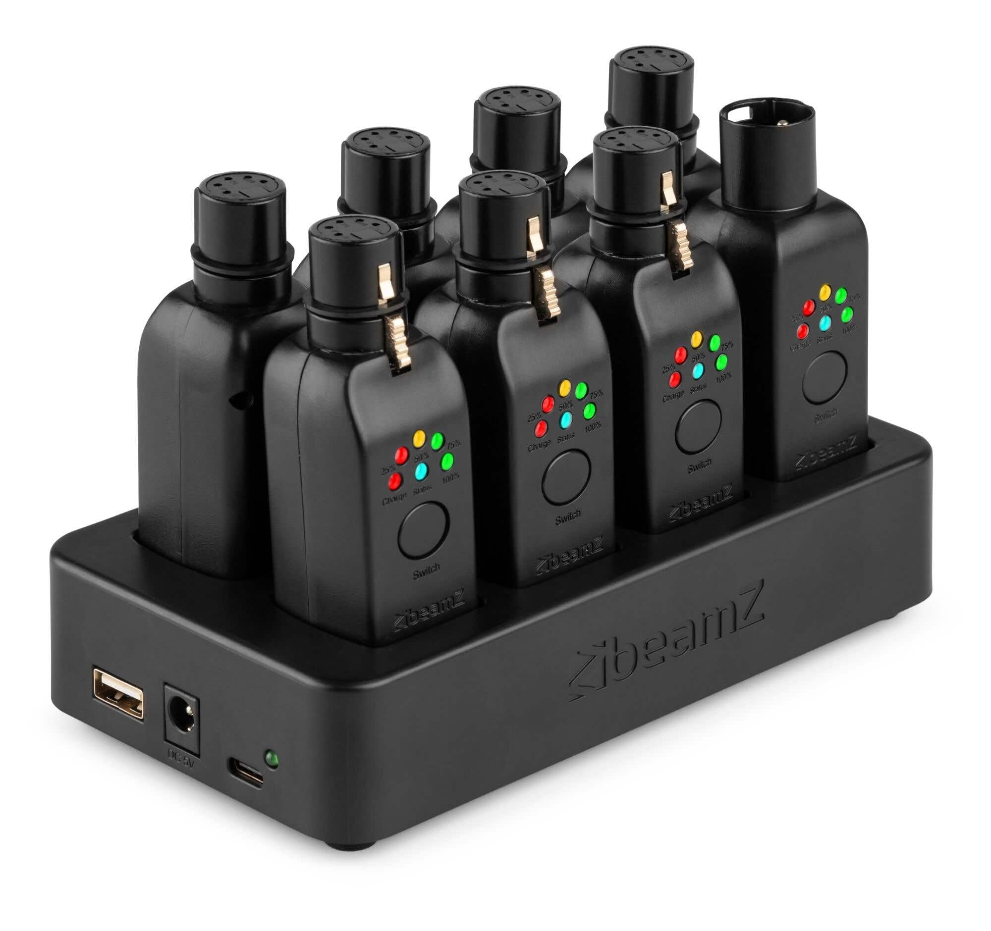 BeamZ WD1M-5 + WD1F-5 + WCS1 – Pack DMX inalámbrico 1 transmisor, 7 receptores y estación de carga para 8 dongles EazyLink batería USB-C iluminación DJ escenario sin cables, color negro
