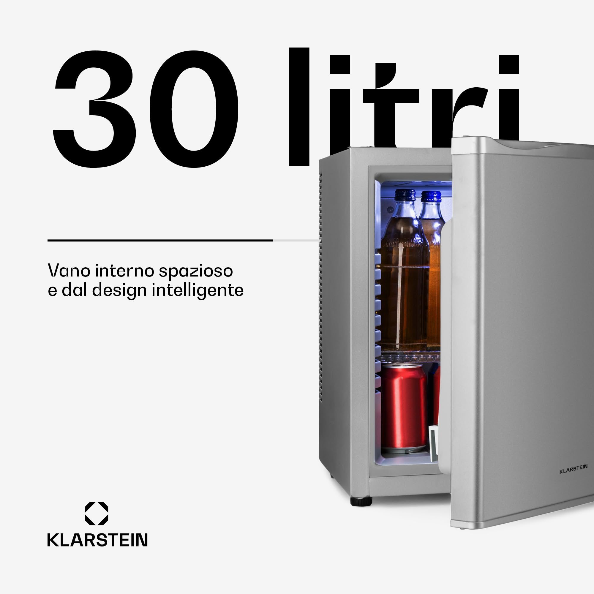 KLARSTEIN Mini Frigo da Camera, Frigo Portatile da Camera, Frigorifero Piccolo da Ufficio, Mini Frigo Bar da Camera con LED, Ripiani Rimovibili, Mini Frigo Portatile Campeggio e Skin Care 5-15°C, 30L