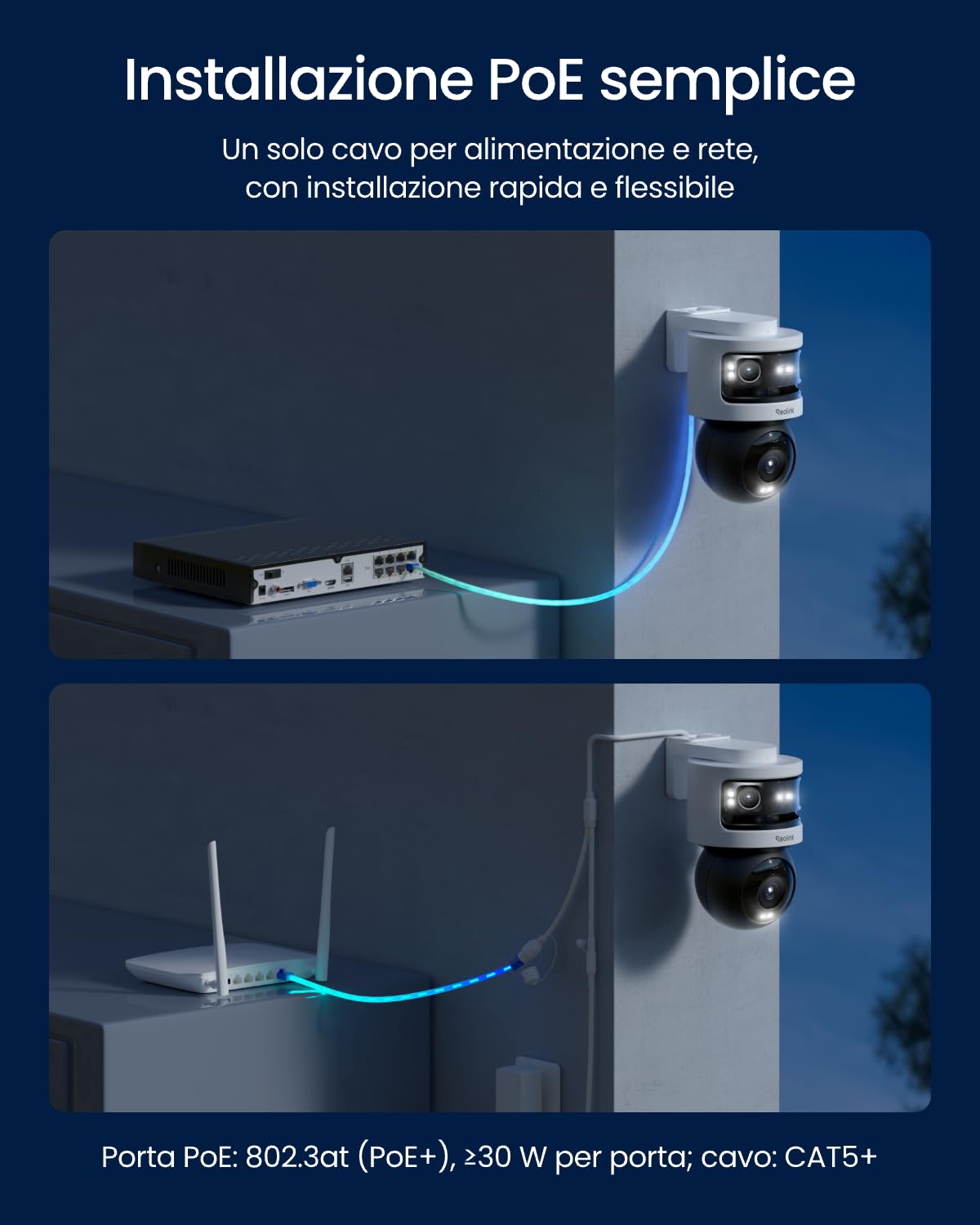 Reolink Telecamera di Sicurezza PoE a Triplo Obiettivo da Esterno, 10MP Panoramico + 8MP PT, SyncTrack, AI Video Search, Visione Notturna a Colori e IR, Registrazione 24/7, OMVI 3i PoE