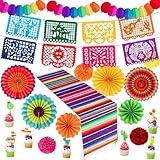 Mexican Themed Party Decorations for Fiesta Party, Cinco De Mayo Dia De Los Muertos Decorations Banner Large Papel Picado, Cotton Table Runner,Paper Fans,Cupcake Topper Mexican Party Banners