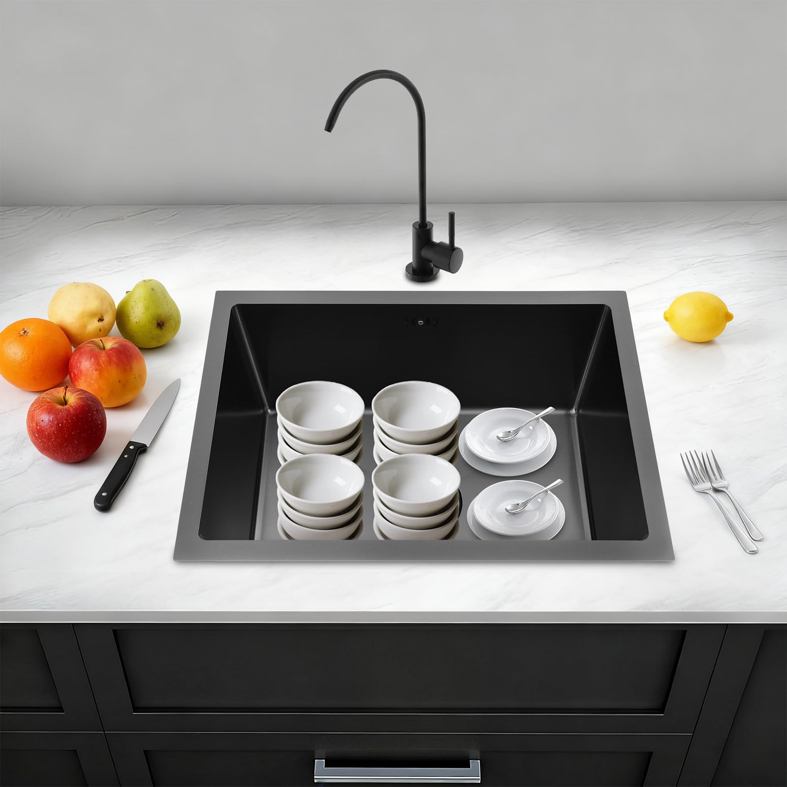 55 x 40 x 22 cm Fregadero de cocina rectangular,fregadero de cocina con sifón y grifo giratorio 360°,Fregadero empotrable de acero inoxidable,1 lavabo rectangular,Bajo Encimera o Sobre Encimera