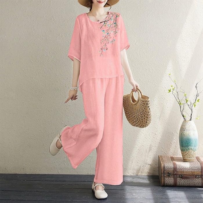 Women Printed Cotton Linen Two Piece Set Pullover Top Pants Casual Outfit