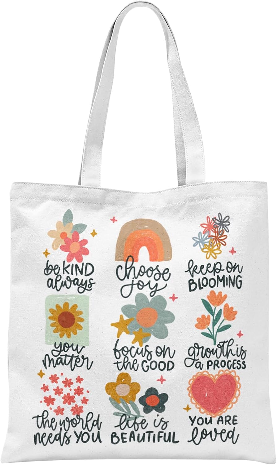 Floral Inspirational Mental Health Tote Bag, Positive Affirmation Gifts for Women, Flower Aesthetic Canvas Tote Bag, Motivational Gifts for Women, Reusable Grocery Shopping Bags