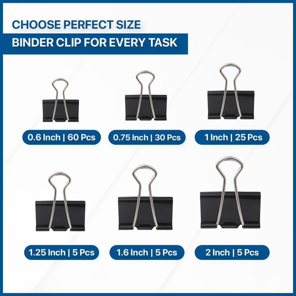 230 Pack Assorted Size Binder Clips [100 Bonus Paper Clips] - 6 Sizes Paper Clamp - Sturdy Container Included (Black)