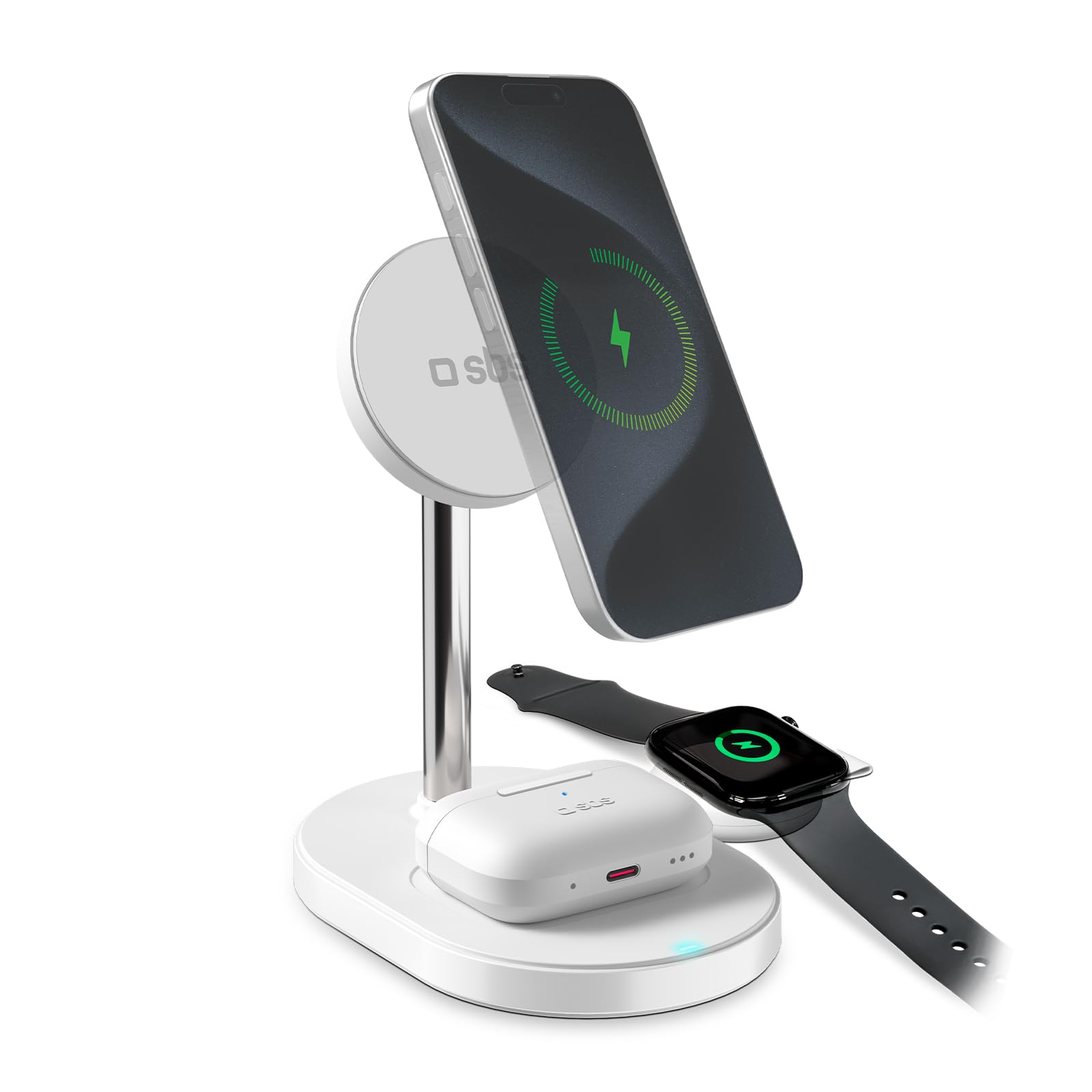 SBS Stazione di Ricarica Wireless 3in1, Qi2 25W MagSafe, MFI Certified | Caricatore senza fili per iPhone, AirPods, Apple Watch, Caricabatterie Magnetico, Dot Watch Portatile, Design Minimal, Bianco