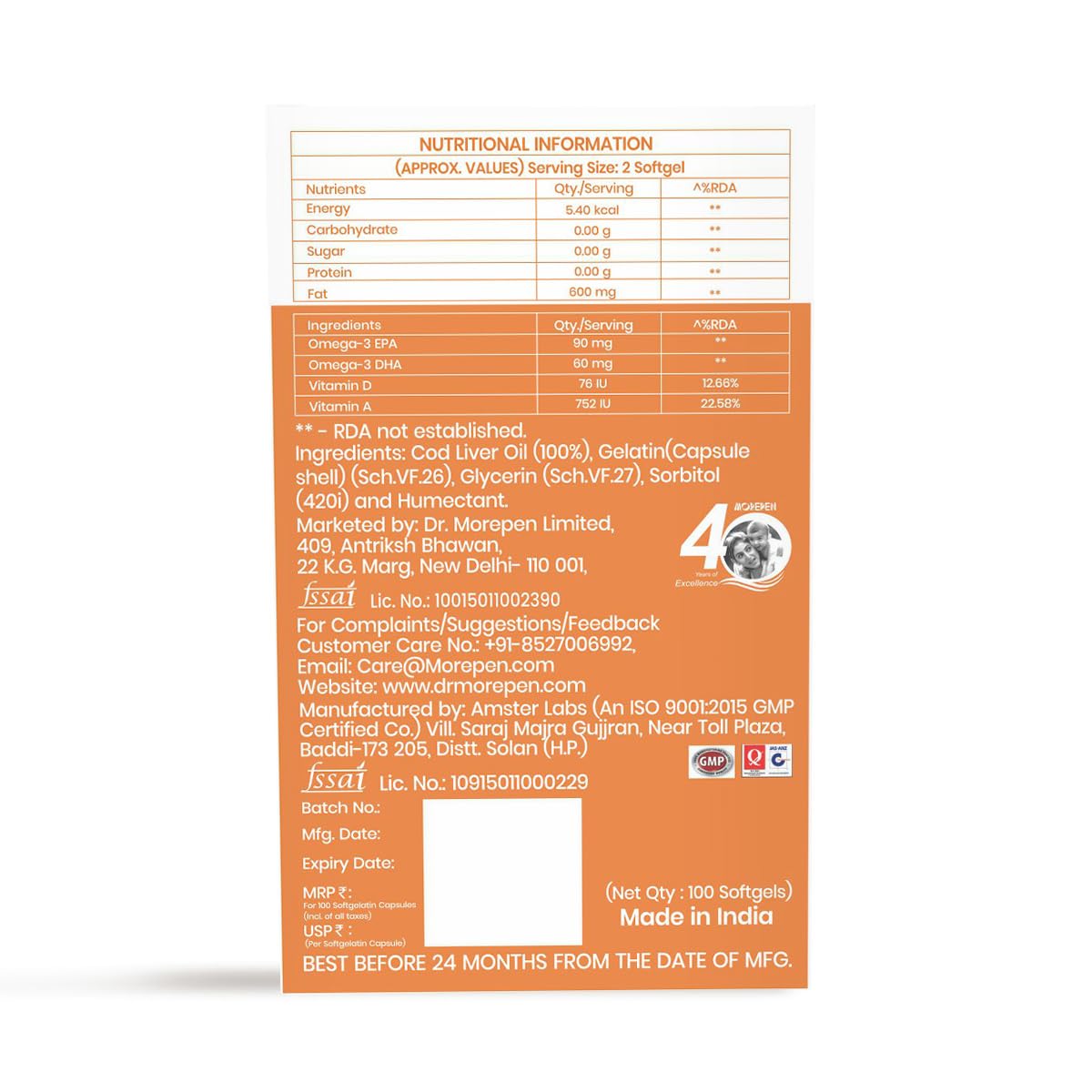 Dr. Peacock Cod Liver Oil Capsules | Great natural omega 3, EPA and DHA | Pack of 100 Softgels Dr. Peacock Cod Liver Oil Capsules | Great natural omega 3, EPA and DHA | Pack of 100 Softgels