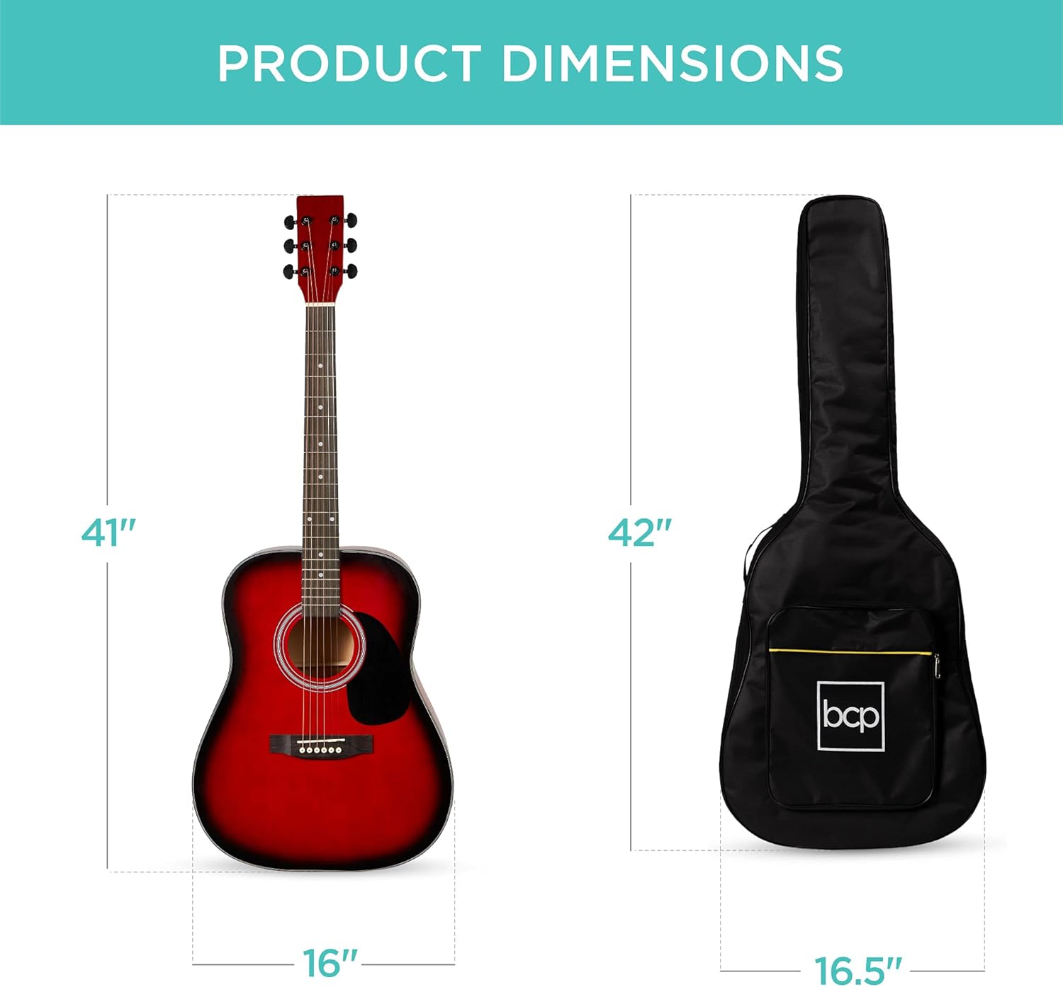 Best Choice Products 41in Full Size Beginner All Wood Acoustic Guitar Starter Set w/Gig Bag, Strap, Capo, Strings, Picks - Red Burst