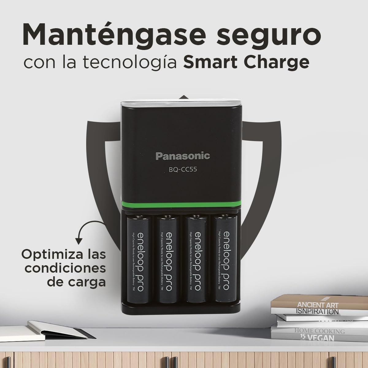 eneloop SmartPlus. Cargador para 1 a 4 pilas AA/AAA Ni-MH con 4 pilas eneloop pro AA/Mignon y 10 funciones de seguridad.