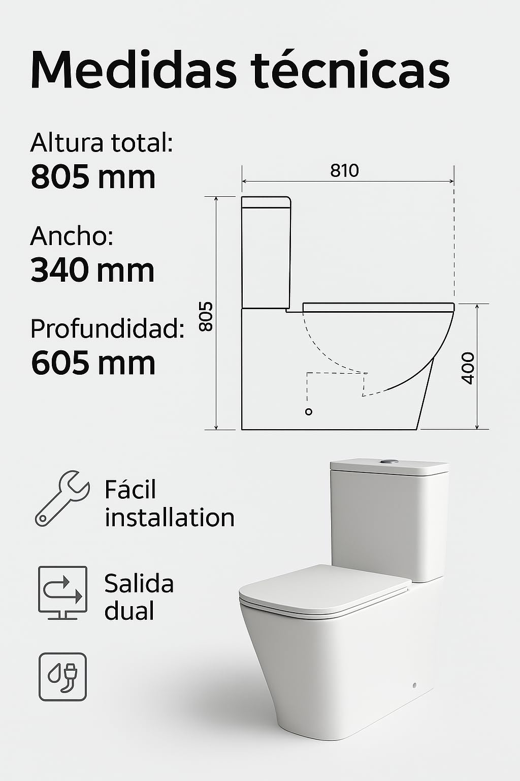 Novo bath - Inodoro Compacto Rimless Serie Mónaco – Estilo Tipo The Gap, Doble Descarga 3/6L, Salida Dual, Asiento UF Soft Close, Cisterna Incluida, Esmalte Antibacterias, Pegado a Pared