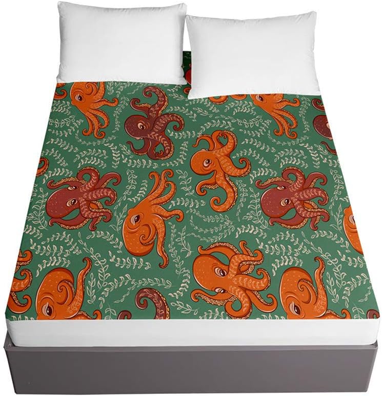 Chickwin Fitted Sheets for Single Double King Size Bed, 3D Octopus Print Fitted Sheets Microfibre Bed Sheets with Deep Pocket 30cm - Shrinkage Fade Resistant (Orange Octopus,90x200x30cm)