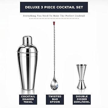 Chabrias Ltd 3-Piece Stainless Steel Cocktail Shaker Set 750ml – Bartender Kit with Shaker, Double Jigger (25ml/50ml) & Twisted Mixing Spoon – Cocktail Making Kit & Gift Set