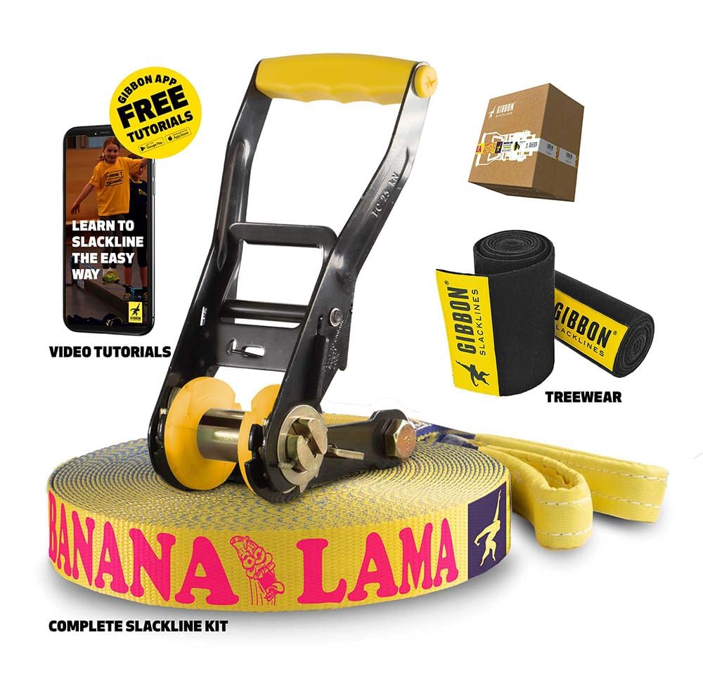 Gibbon Slacklines BananaLama Treewear Set | 3,5 cm Breite | 15 Meter Länge | Anfänger & Fortgeschrittene | Trampolin-Effekt | Schneller Aufbau | Umweltfreundlich | Flachband-Technologie