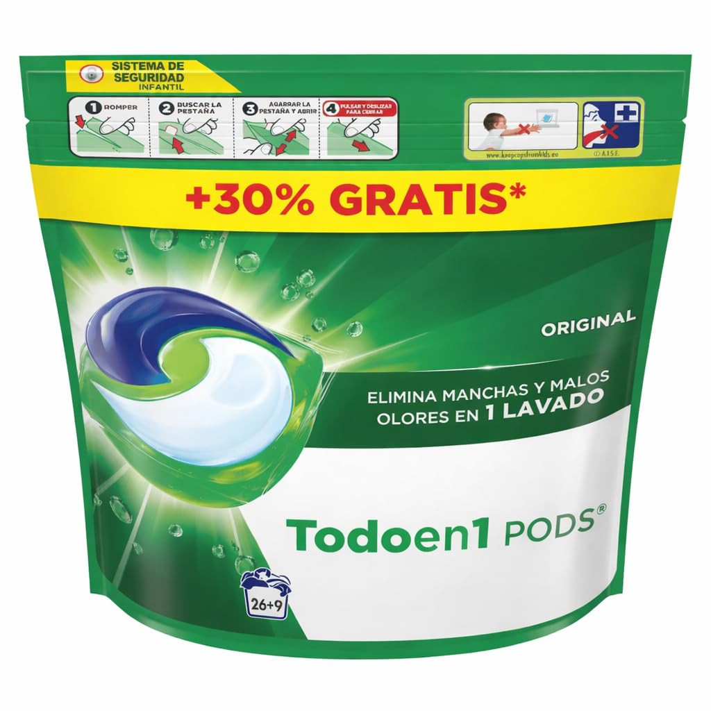 Todoen1 Pods Detergente en Cápsulas Original, 140 Lavados Total, Pack x4 (26+9 Dosis por Unidad)