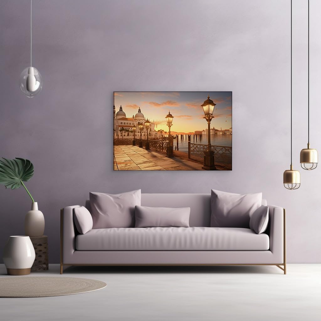 Art Wall: Venetian Waterfront At Dusk, a Symphony of Light and Reflections. Interior Decor, Canvas Art Design, Art Apartment Decoration, Office Arts Design. Size: 69x46 cm (27x18 inch)
