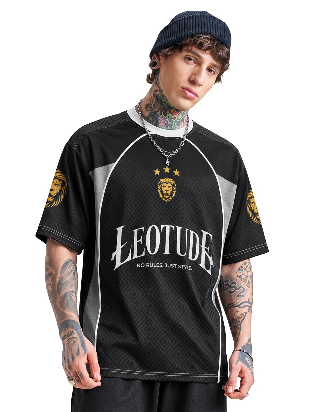 leotude Men's Oversized Sports Jersey T-Shirt | Premium Streetwear Graphic Tee | Breathable Polyester Casual Athletic Half Sleeve Round Neck Black T-Shirt for Mens (Color : Black)-picture-33