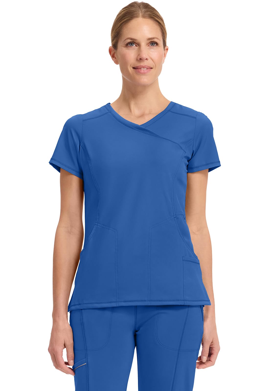 Cherokee Infinity Womens Mock Wrap Scrub Top, 4 Pockets, Rib-Knit Panel, Moisture-Wicking 360° Stretch - 2625A