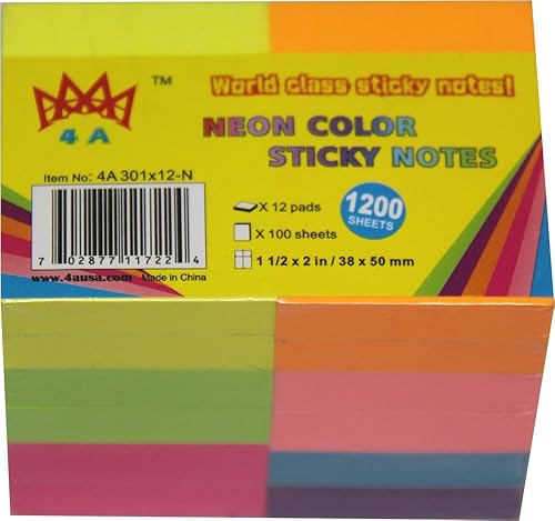 Miniatura 7 de 4A notas adhesivas, 1 38 x 1 78 pulgadas, tamaño pequeño, el adhesivo en un lado más largo, surtido de neón, notas autoadhesivas, 18 colores, 100