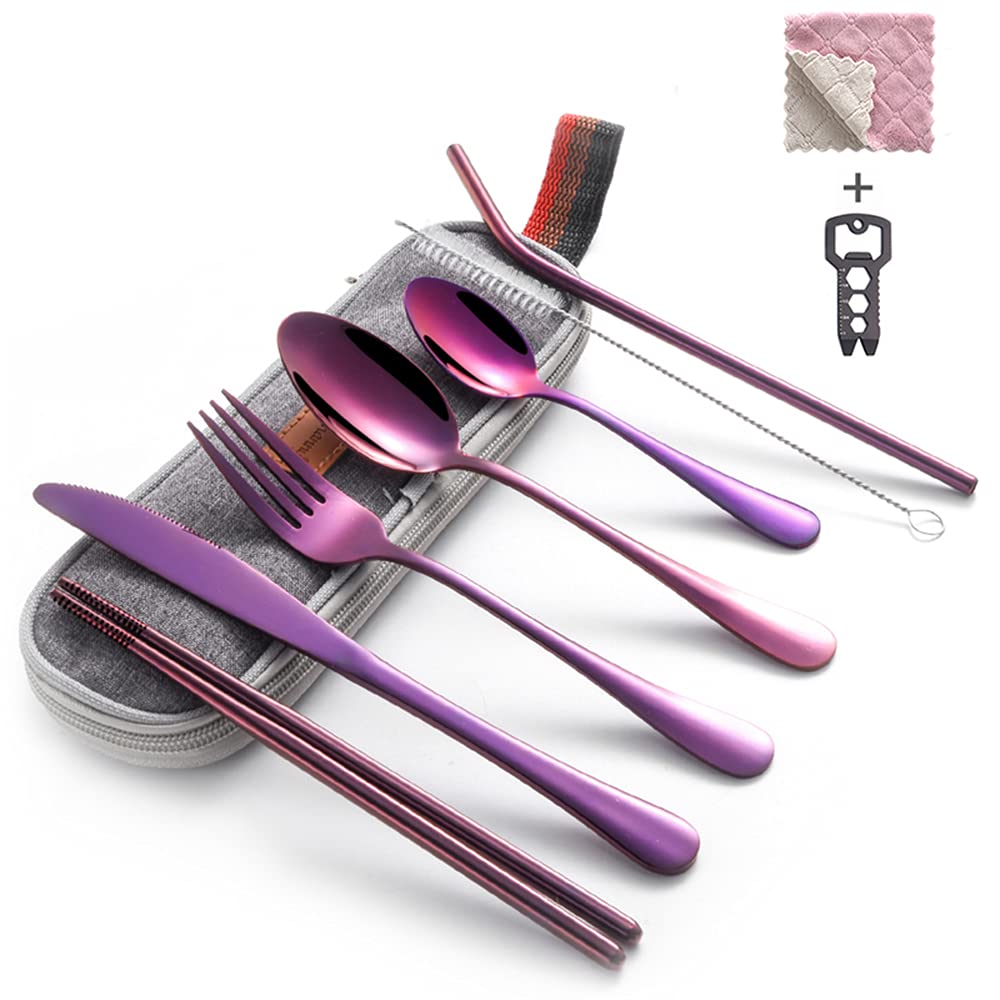 Sunhanny Travel Utensil Set, Reusable Utensils with Case, Portable Flatware including Knife Fork Spoon Chopsticks Cleaning Brush Straws Multi-Tool Dish Cloth (Purple)