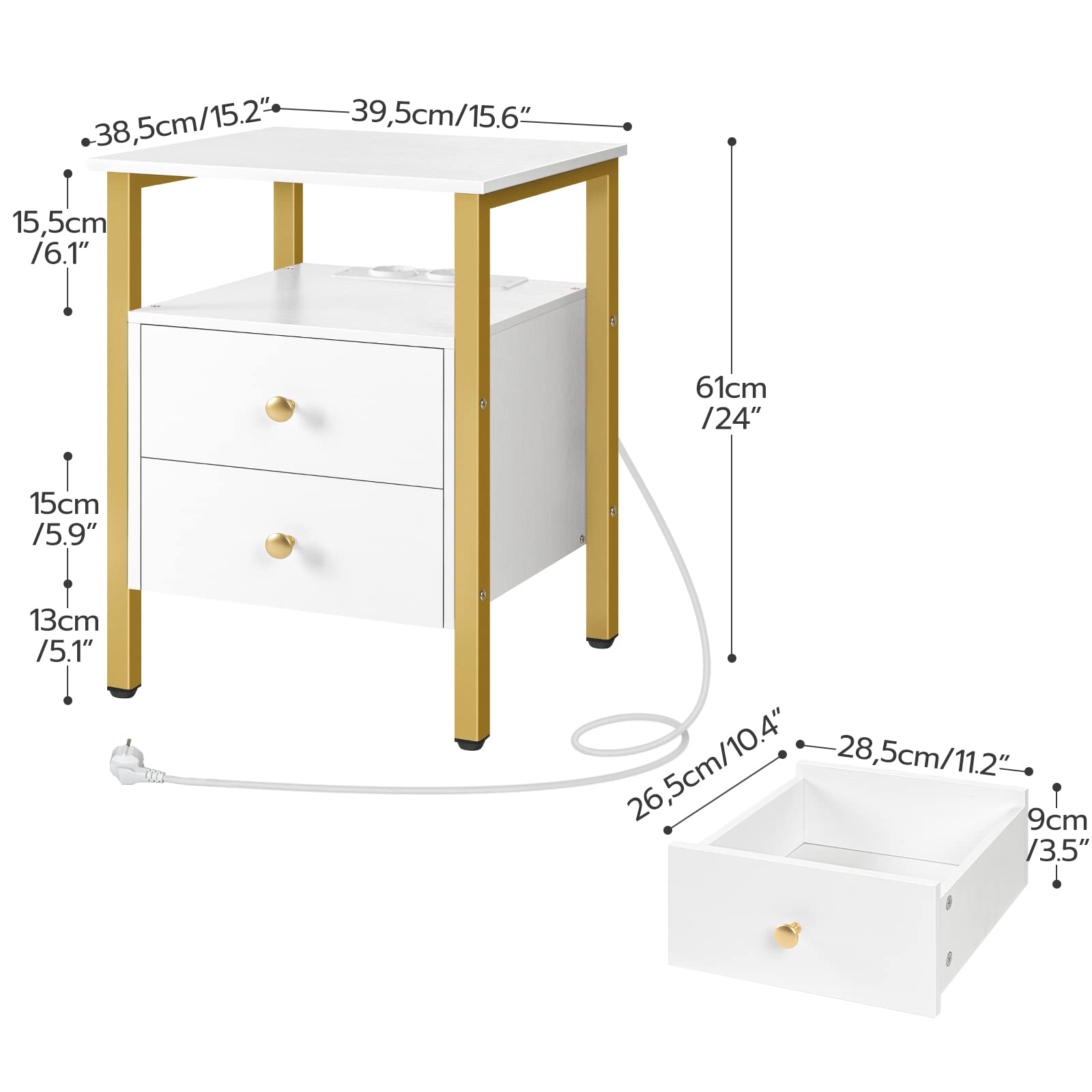 Comodino HOOBRO Con Ricarica USB - Bianco E Dorato, 38x28x60cm - Foto 8